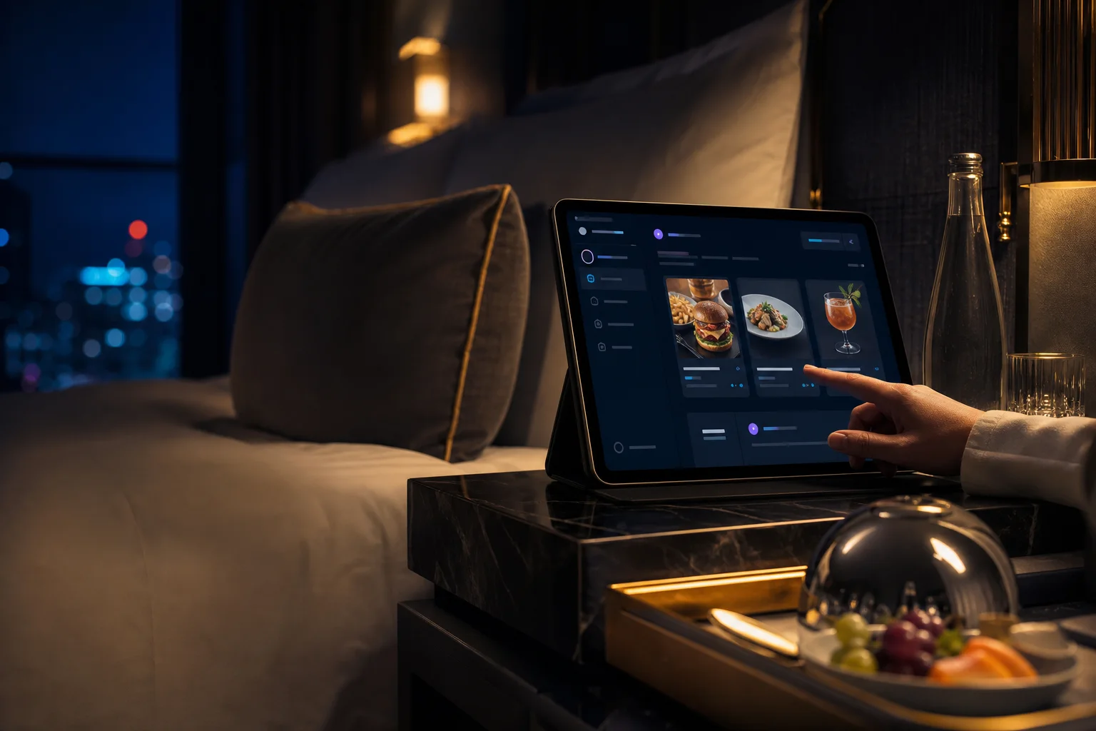Huésped solicitando servicio a la habitación desde una tablet conectada a ORION